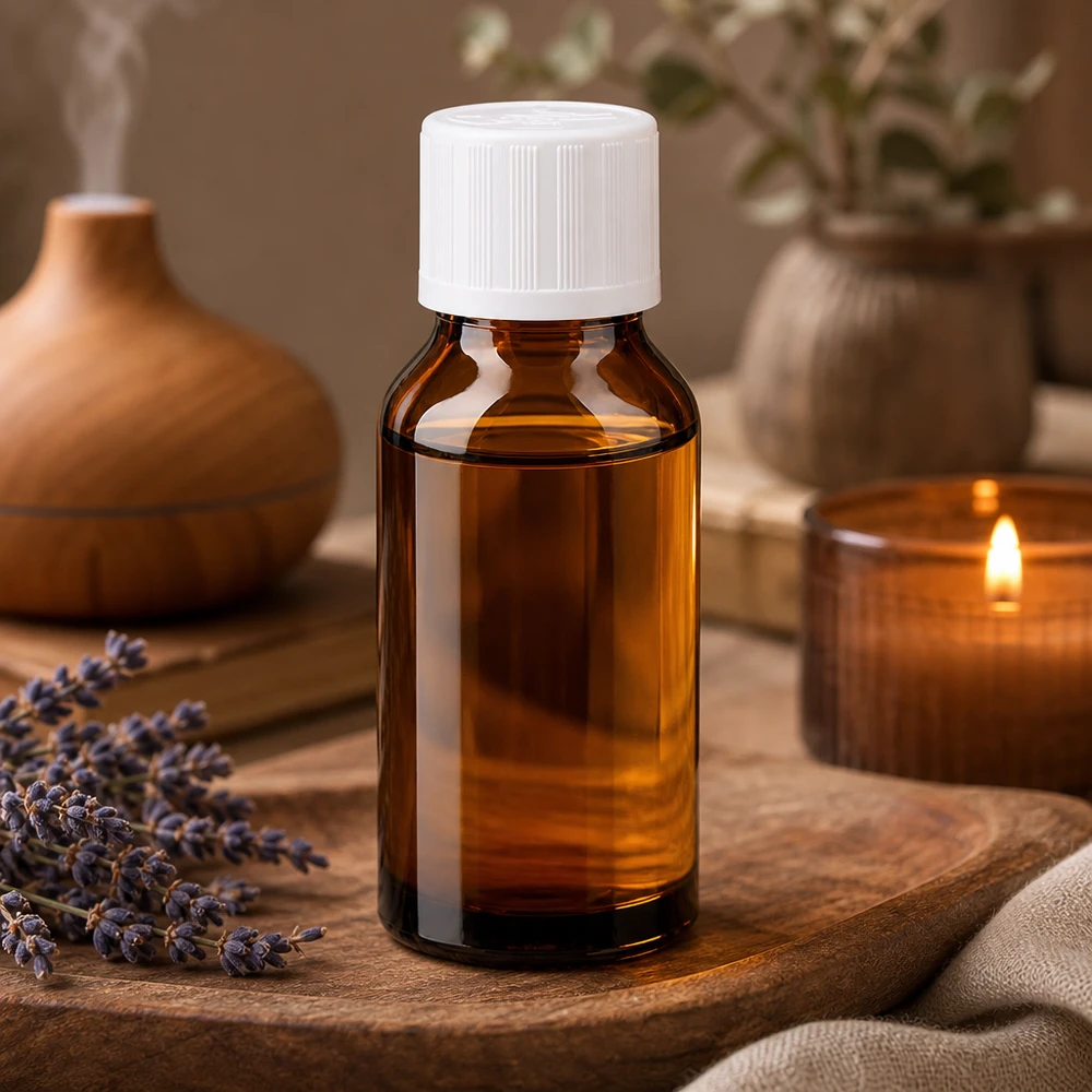 Frasco de farmácia castanho 15ml com tampa de rosca branca Padrão resistente a crianças Frasco de vidro castanho para aromaterapia, 15 ml, com tampa de segurança branca para crianças, ao lado de uma vela e de lavanda
