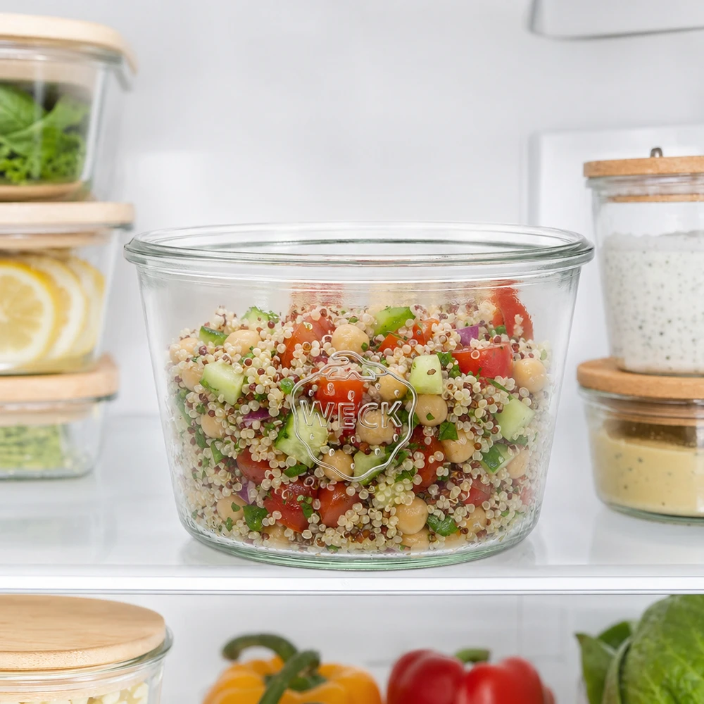 Frasco de vidro WECK 370ml RR100 cheio de salada de quinoa no frigorífico para preparar e guardar refeições