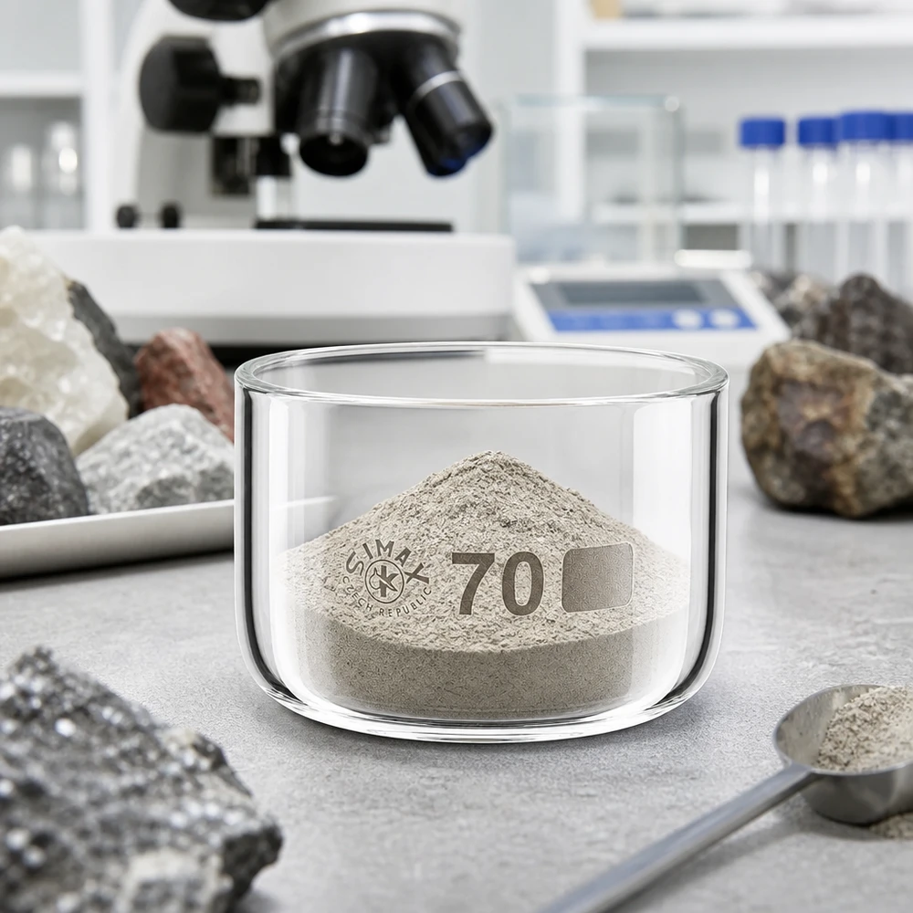 Bandeja de cristalização Simax de 70 mm com pó mineral cinzento sobre a mesa de laboratório, ao lado de amostras de rocha e de um microscópio