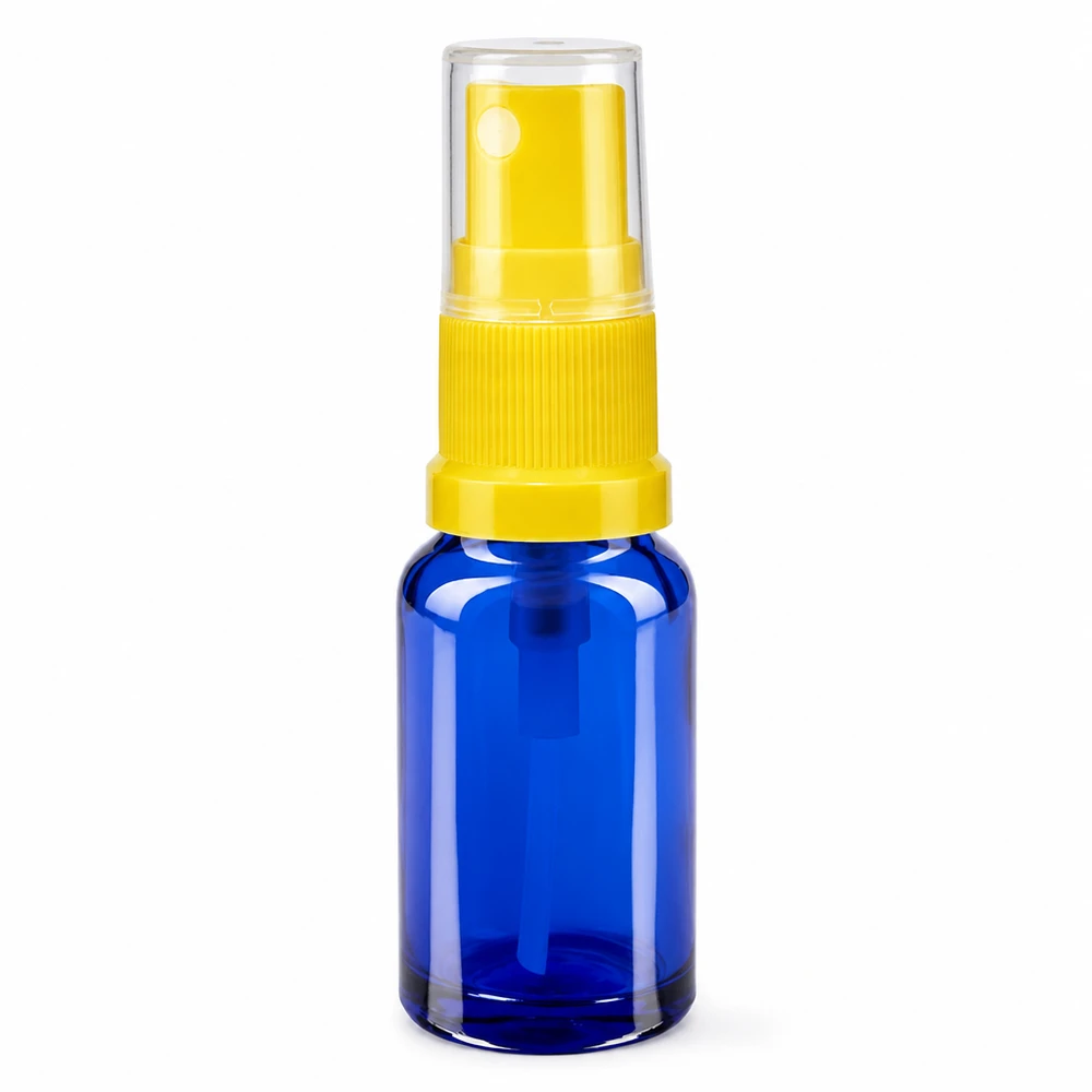 Frasco de farmácia azul 10ml spray top amarelo Frasco de spray de vidro azul de 10 ml com bomba pulverizadora amarela e tampa protetora transparente ApoGlas STD
