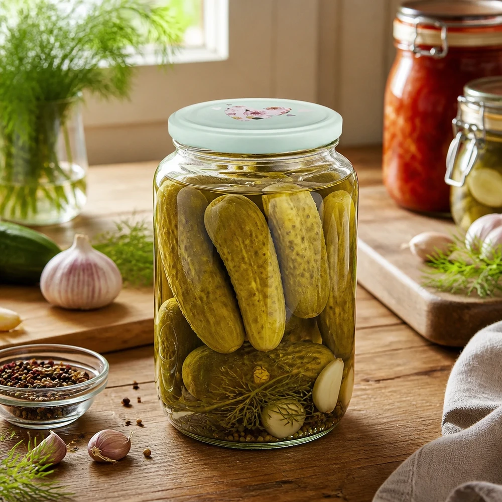 Frasco redondo de 795 ml + tampa BasicSeal coração menta UNiTWIST Frasco redondo de 795 ml cheio de pepinos mostra a tampa em forma de coração com hortelã para conservar legumes numa cozinha rústica