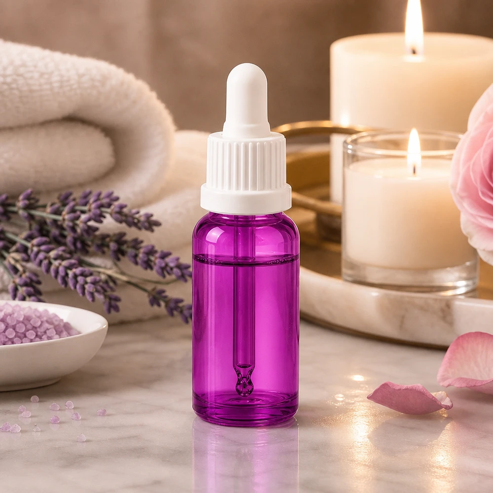 Frasco de pipeta de 20 ml com tampa de rosca branca Originality PurpleLine UT18/20 Frasco de pipeta de alta qualidade de 20 ml em vidro com tampa OV branca para aromaterapia