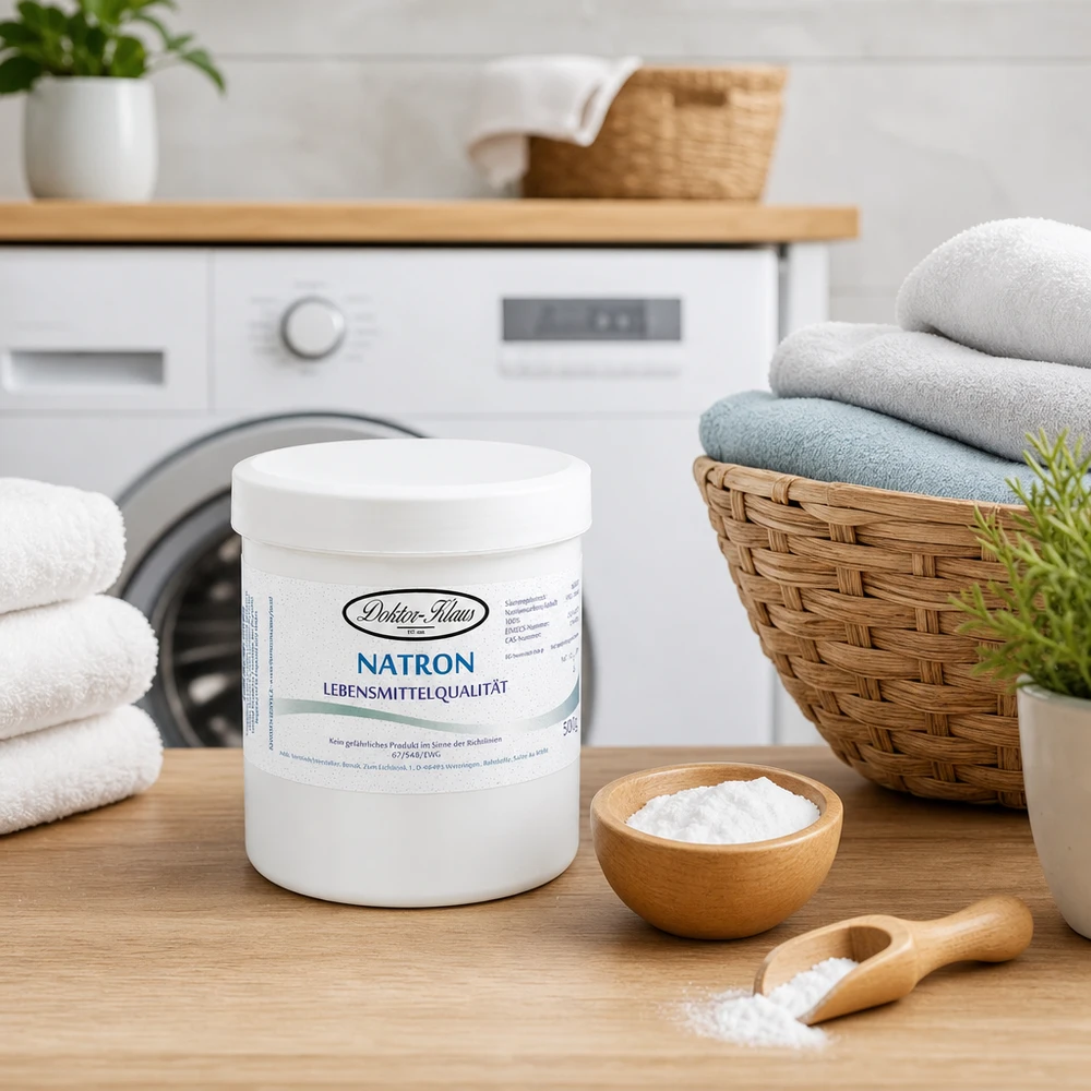 Bicarbonato de sódio Doctor Klaus 500 g de pó branco numa prática lata de armazenamento para uma limpeza ecológica