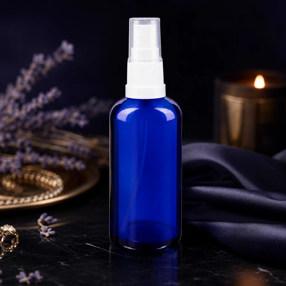 Frasco de spray de farmácia de 50 ml em azul cobalto com pulverizador branco, com decoração em lavanda