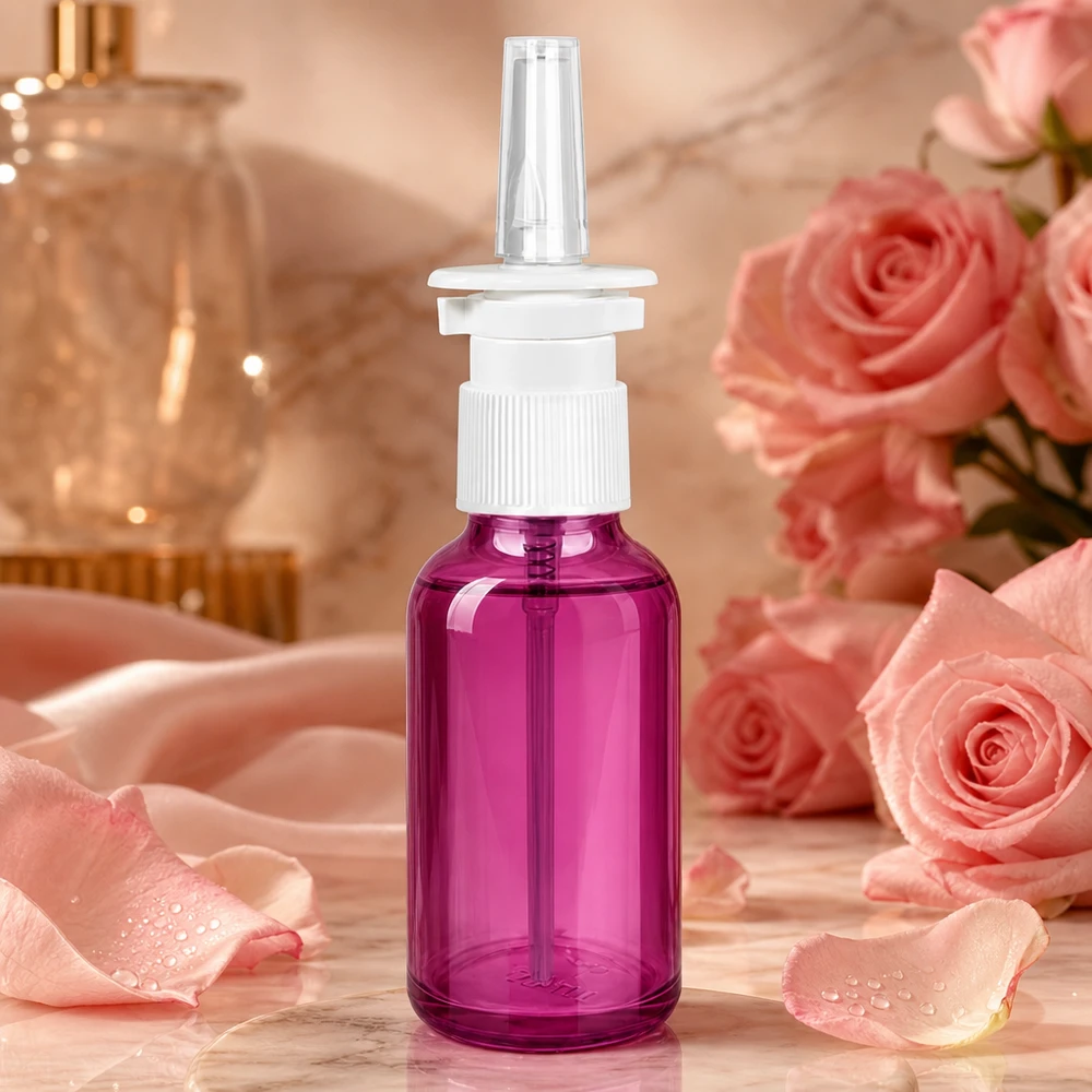 Prático frasco de spray nasal de 30 ml num elegante aspeto púrpura com cabeça de pulverização ergonómica de bomba branca