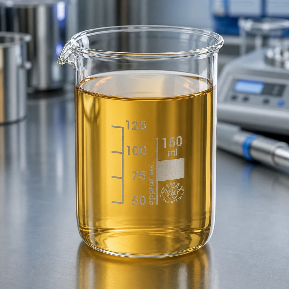 Copo de química de 150 ml de forma baixa com solução de cor âmbar no posto de trabalho do laboratório