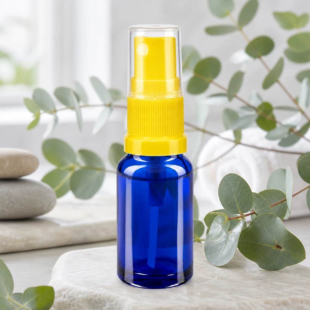 Frasco pulverizador compacto de 10 ml, em vidro de proteção azul, com bico pulverizador amarelo, para óleos essenciais