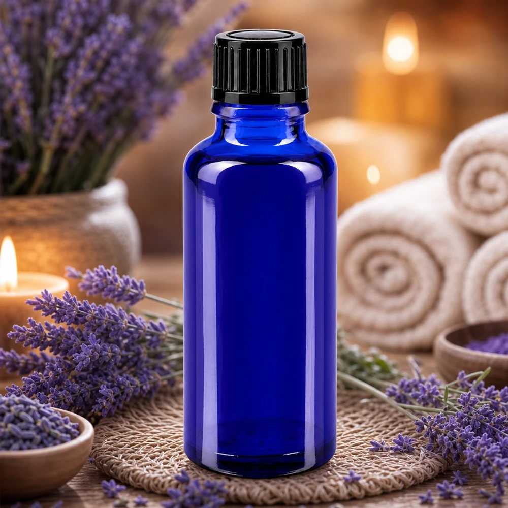 Frasco de farmácia azul 30ml tampa de rosca preta standard Frasco de vidro azul de 30 ml com tampa preta, rodeado por flores de lavanda e velas