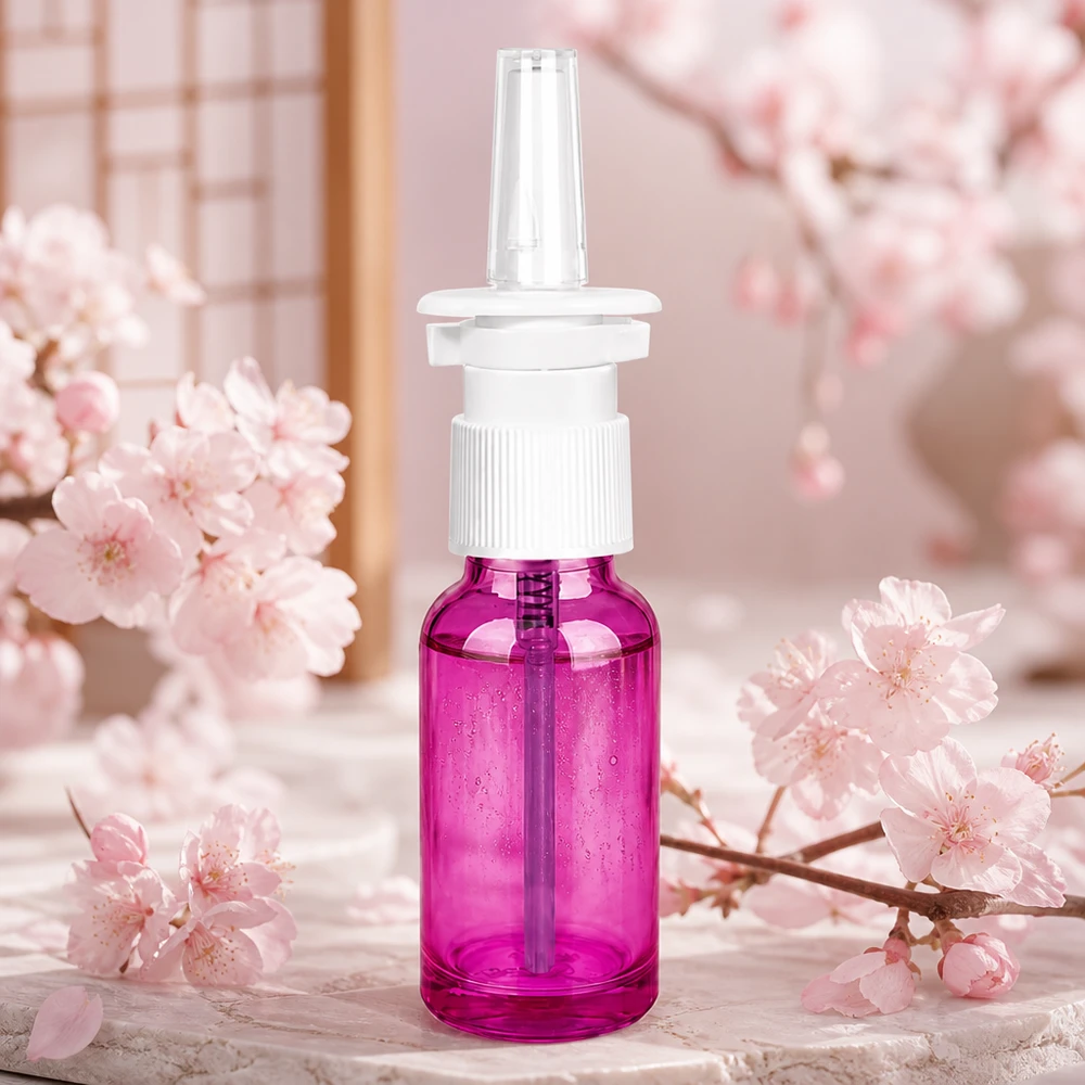 Prático frasco de spray nasal de 20 ml com rosca STD em roxo para aplicações médicas