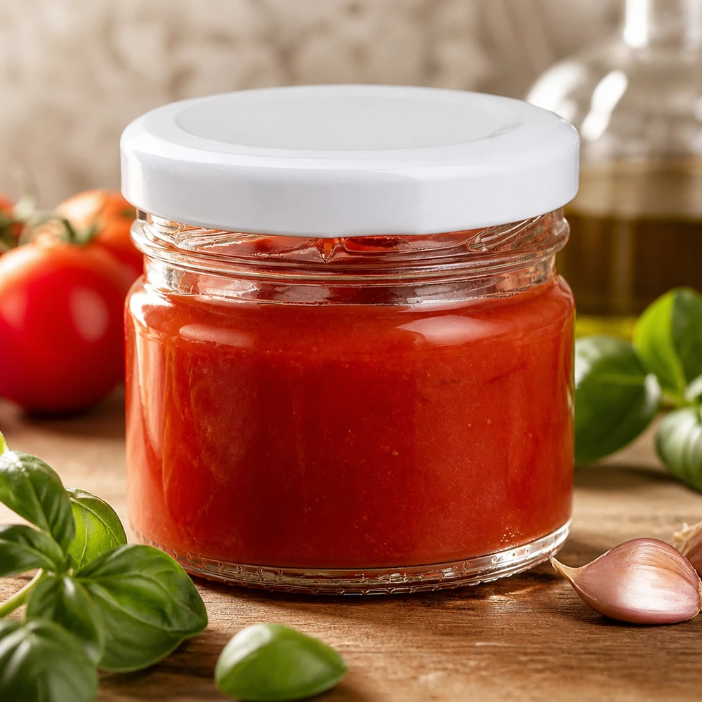 Frasco redondo de vidro de 33 ml + tampa BasicSeal branca UNiTWIST Frasco redondo de vidro UNiTWIST de 33 ml com tampa BasicSeal branca, cheio de molho de tomate vermelho sobre uma mesa de madeira