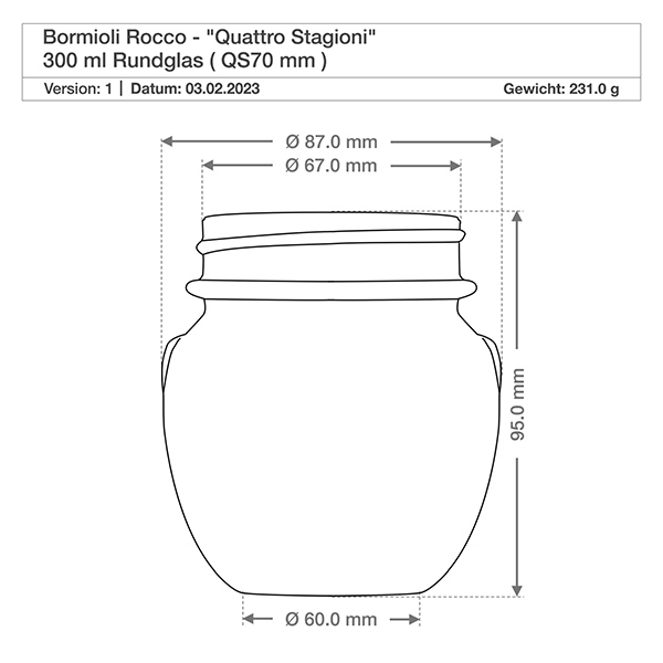 300ml Rundglas "Quattro Stagioni" mit Deckel Desenho técnico Copo redondo de 300 ml Quattro Stagioni com dimensões e tampa de Bormioli Rocco