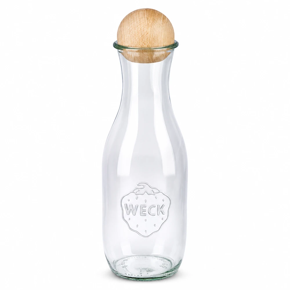 Garrafa de sumo de 1062 ml WECK RR60 com bola de madeira em faia Garrafa de sumo WECK 1062ml RR60 com bola de madeira Fecho em faia Garrafa de vidro transparente Conservação