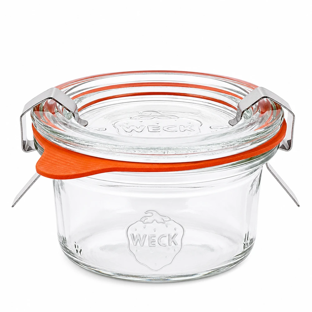 Copos WECK de 50 ml RR60 com tampa de vidro e anel de borracha cor de laranja conjunto completo para conservas e enlatados