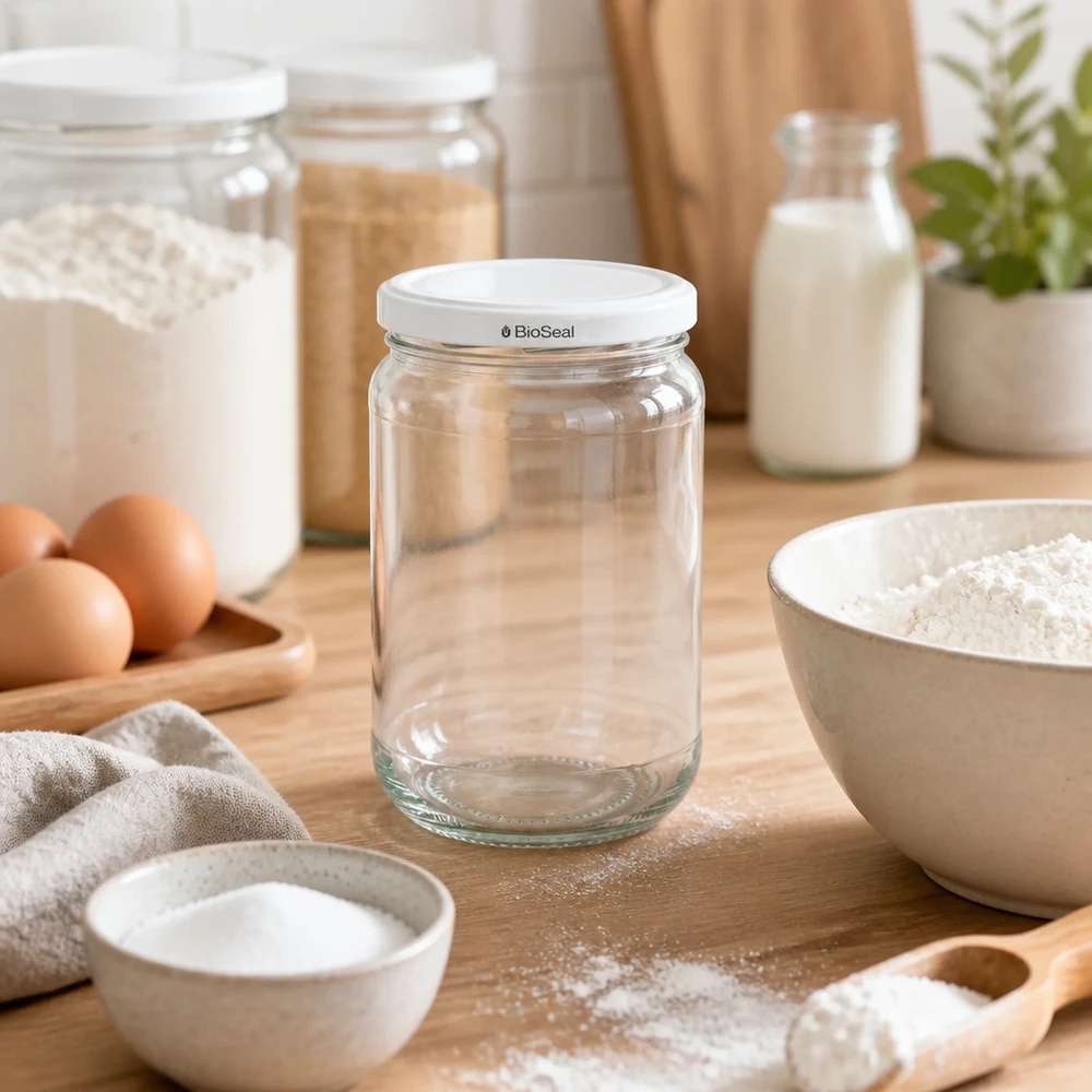Frasco de conservação UNiTWIST Runda305 com tampa BioSeal branca entre ingredientes de pastelaria - ideal para farinha e artigos de cozinha