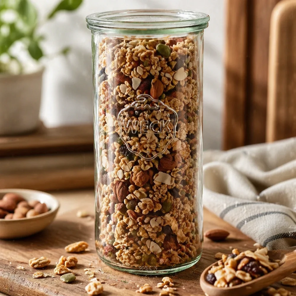 WECK RR100 Frasco de armazenamento de 1500 ml cheio de nozes, muesli e frutos secos numa mesa de madeira Frasco de armazenamento de cozinha
