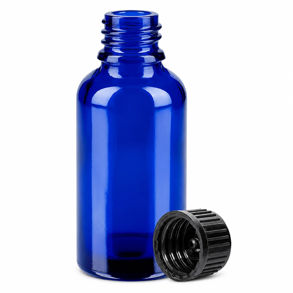 Pequeno frasco de vidro de 30 ml em azul-cobalto com tampa preta com nervuras para uma dosagem precisa