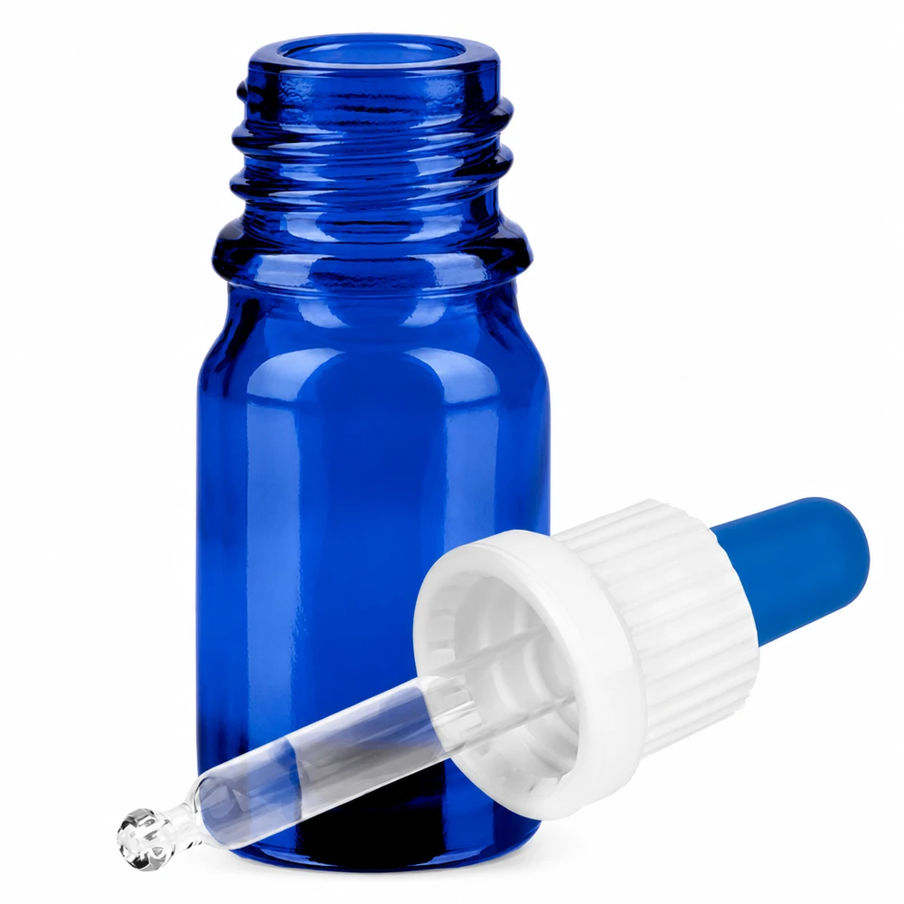 Frasco de vidro azul de 5 ml com pipeta e tampa branca com conta-gotas para uma dosagem exacta