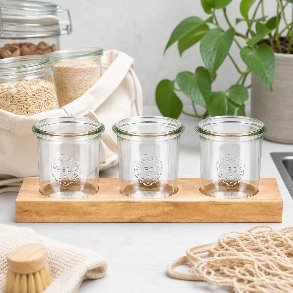 Copos WECK de 140 ml vazios sobre tábua de servir de madeira Plano3 numa cozinha sustentável e sem desperdício, com fibras naturais