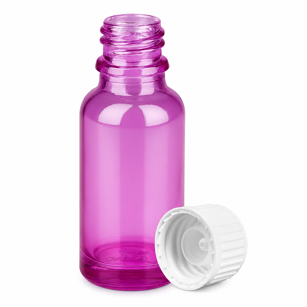 Frasco conta-gotas pequeno de vidro de 20 ml em roxo transparente com tampa de rosca prática