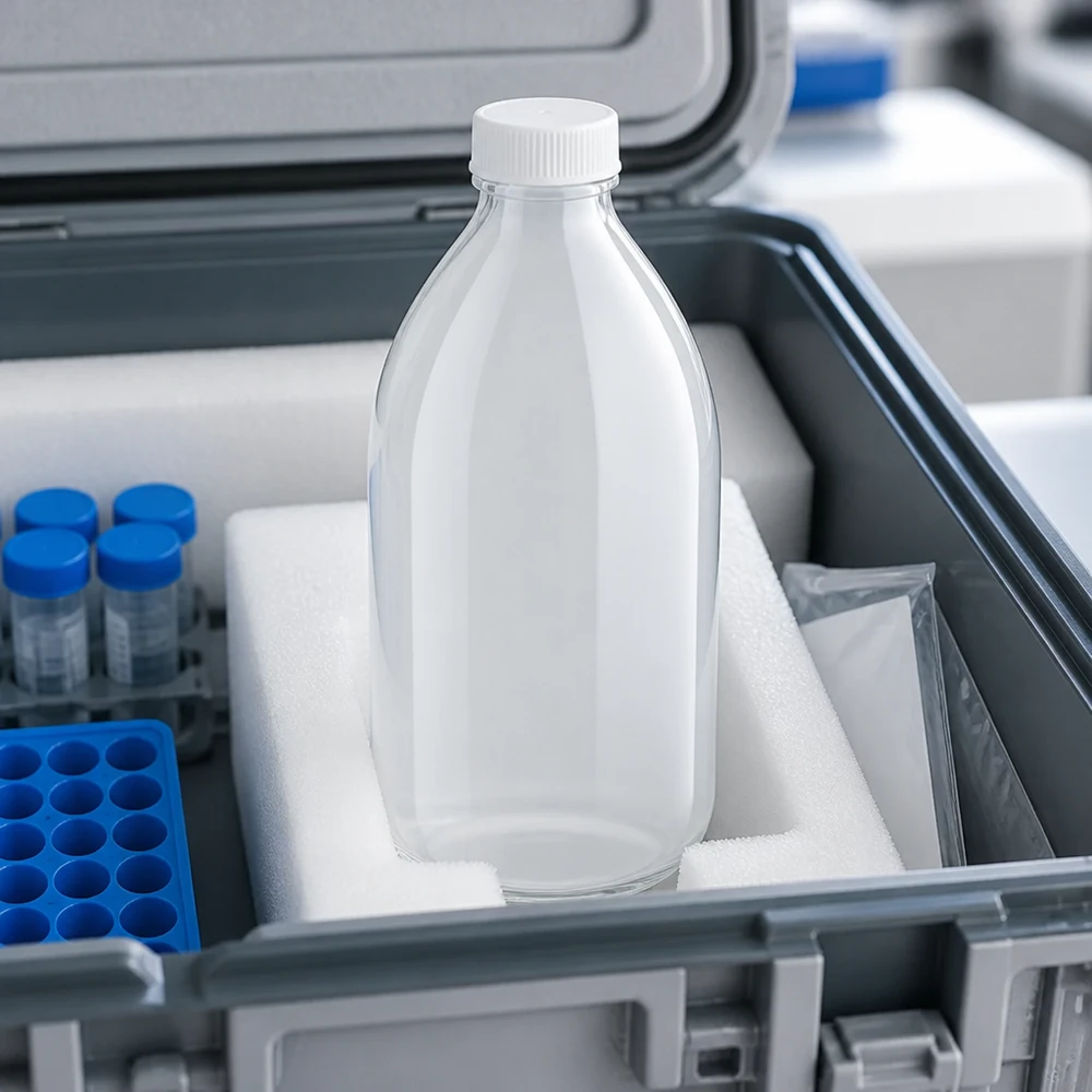 Frasco de laboratório de 500ml com gargalo estreito e sem tampa Frasco de laboratório de gargalo estreito de 500 ml, sem tampa, numa caixa de transporte com revestimento em espuma