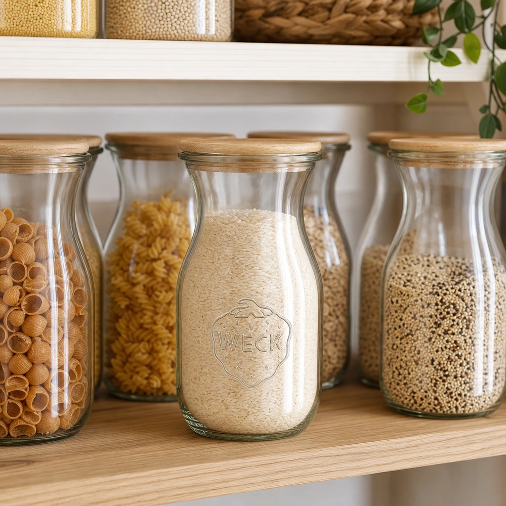 WECK Saftflasche 290ml mit Holzdeckel als Vorratsjar für Reis in skandinavischer Pantry mit Getreidegläsern