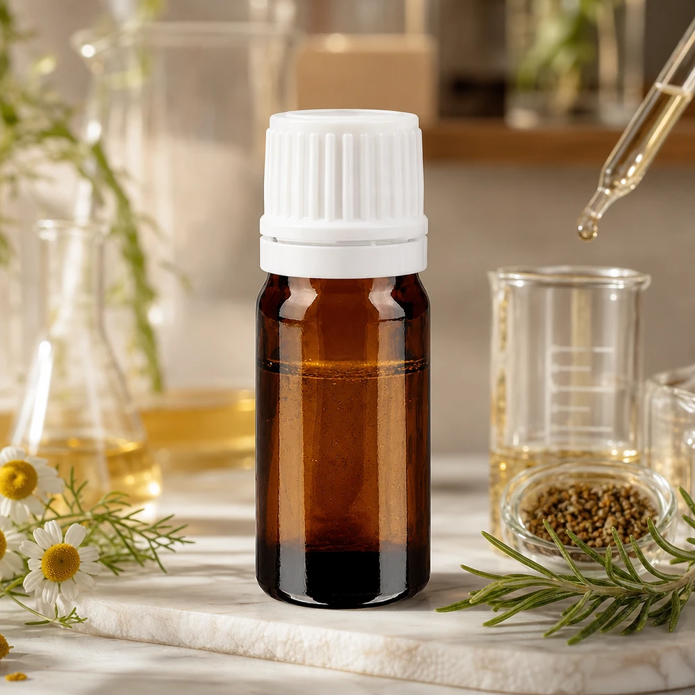 Frasco de farmácia castanho 5ml com tampa de rosca branca inviolável Frasco de vidro castanho de 5 ml com tampa de segurança branca, entre flores de camomila e alecrim