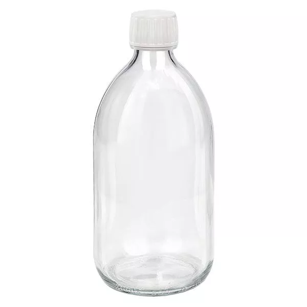 Frasco de medicamento de 500ml transparente, tampa branca com anel inviolável ApoGlas Frasco de medicamento de 500ml transparente, tampa branca com anel inviolável ApoGlas
