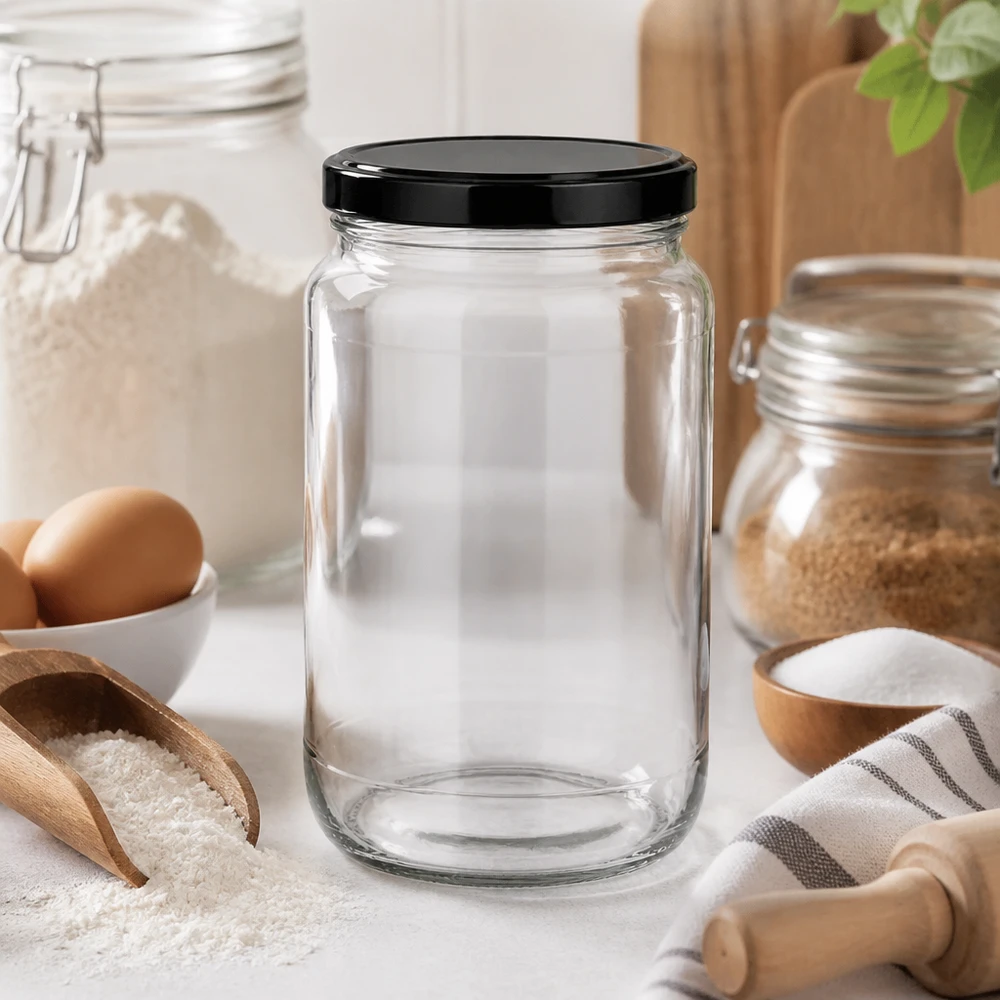 Frasco redondo de 1700 ml com tampa BasicSeal preta UNiTWIST O frasco redondo de 1700 ml vazio na cozinha moderna apresenta um design elegante para uma arrumação e decoração versáteis