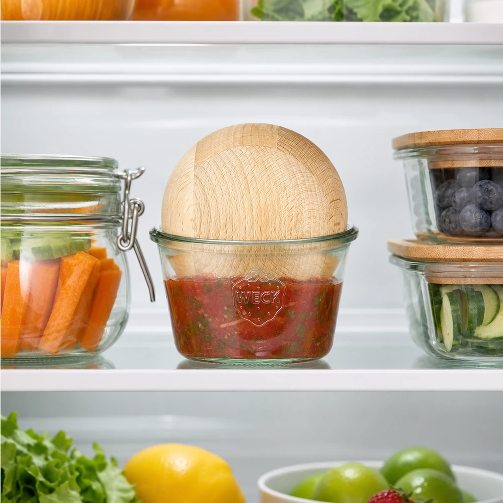 370ml Sturzglas WECK RR100 mit Holzkugel Buche WECK RR100 Frasco de conservação para frigorífico 370ml Salsa Dip Bola de faia junto aos legumes ingredientes frescos