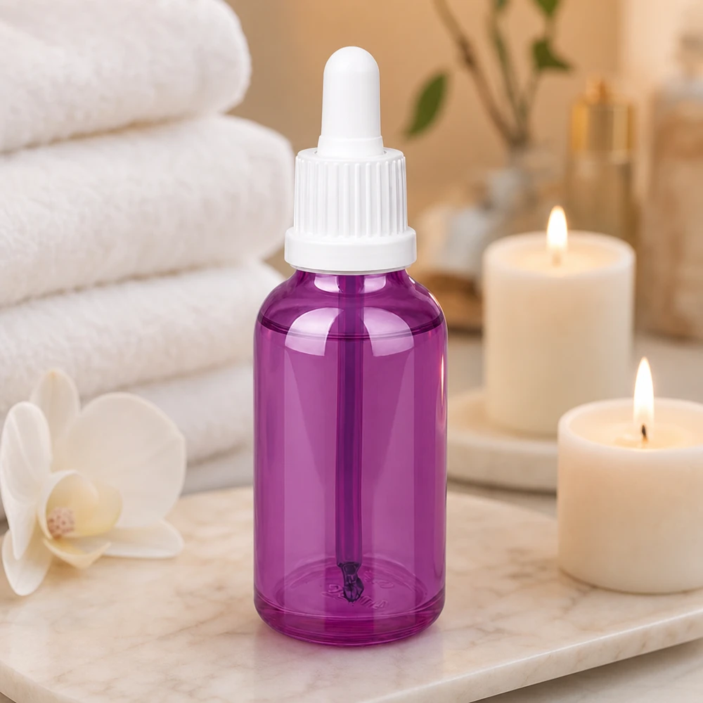 Frasco de pipeta de 30 ml com tampa de rosca de originalidade branca PurpleLine UT18/30 Frasco pipeta de 30 ml de alta qualidade em vidro violeta com tampa UT18 branca para soros