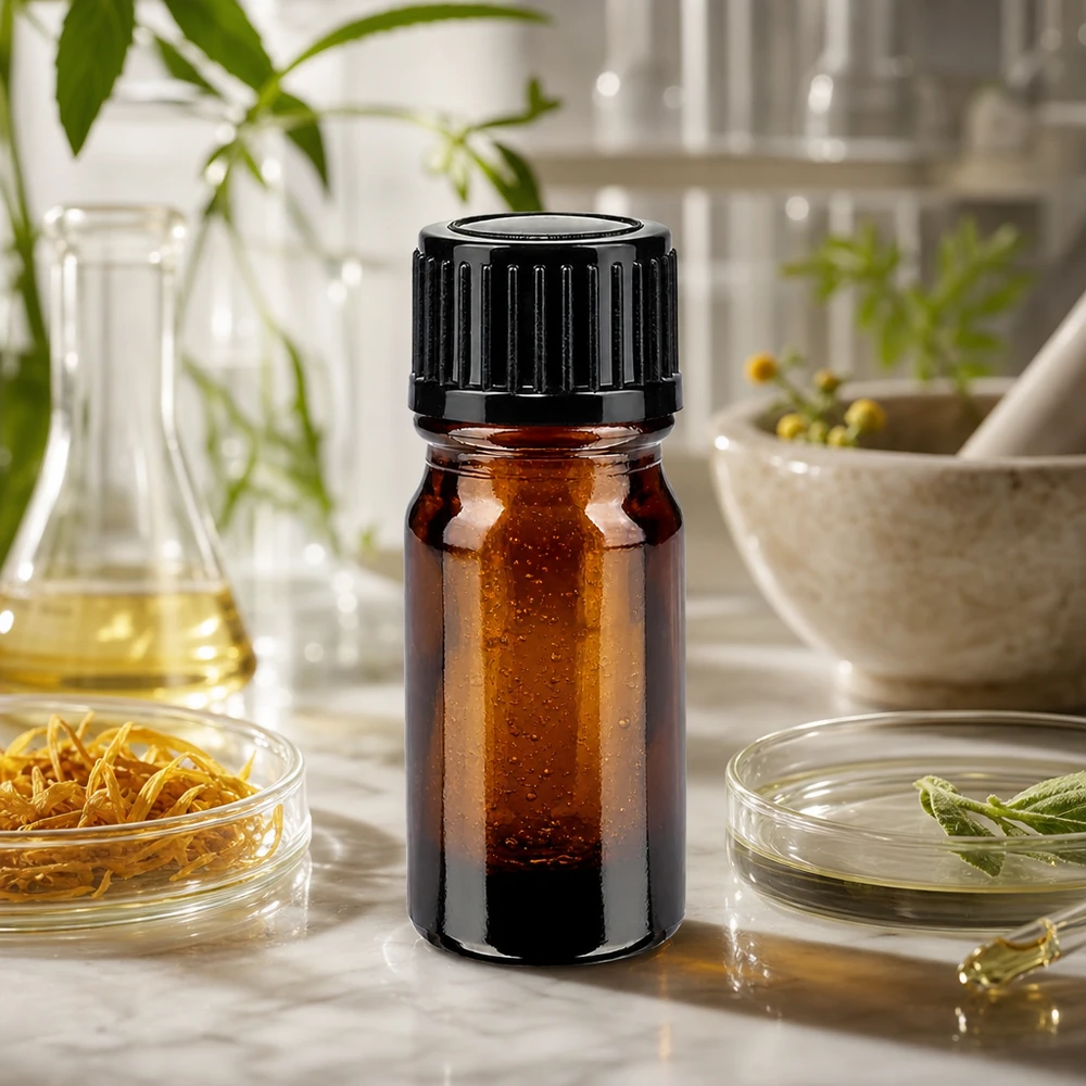 Frasco de farmácia castanho 5ml tampa de rosca preta standard Frasco de vidro castanho de 5 ml com tampa de rosca preta, rodeado por ervas medicinais e utensílios de laboratório