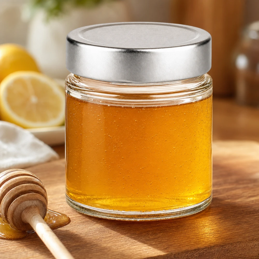 Frasco redondo de 135 ml com tampa prateada cheio de mel dourado colher de mel limão cozinha frasco para alimentos naturais