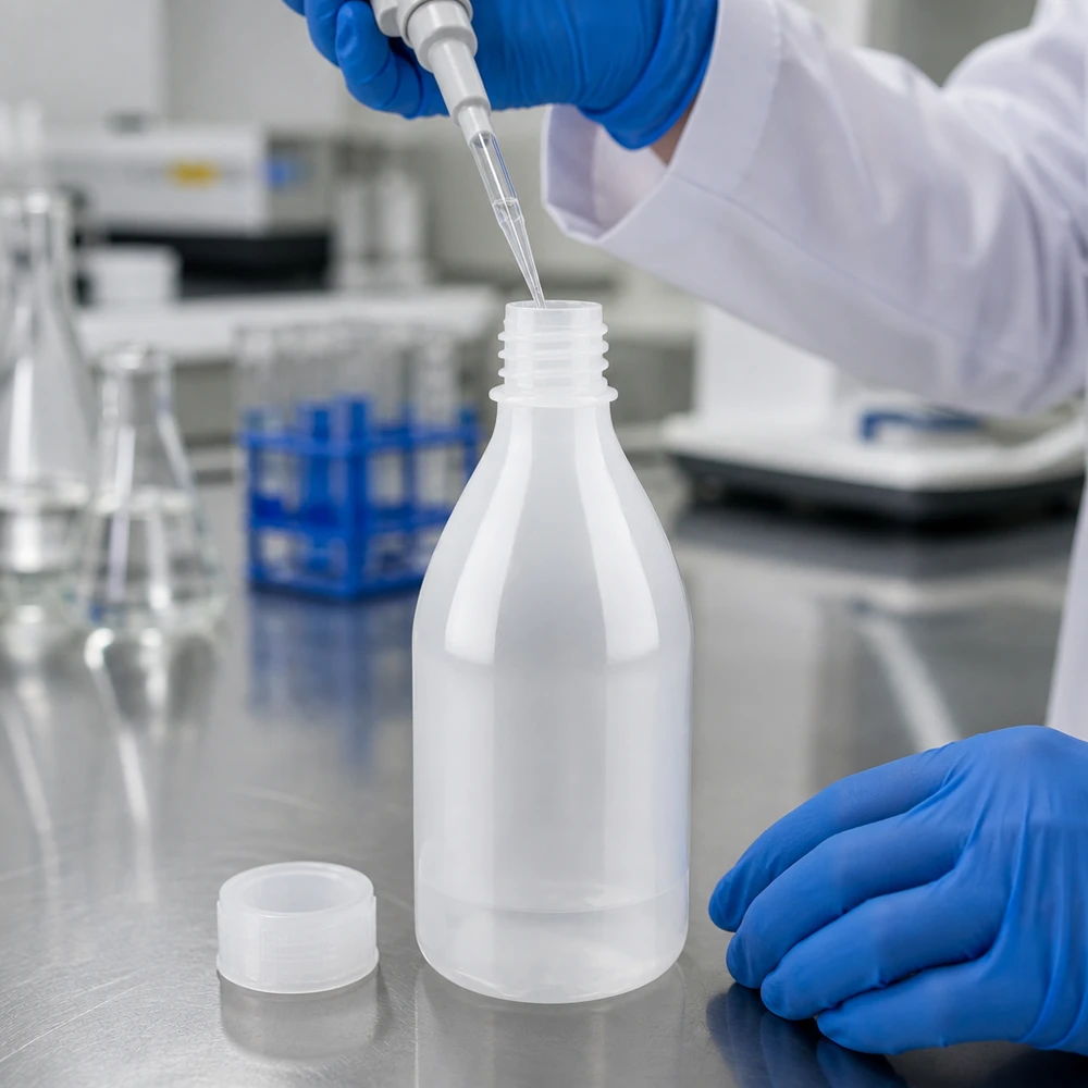 Frasco de laboratório de 100ml com gargalo estreito e sem tampa Frascos de plástico de gargalo estreito de 100 ml, sem tampa, brancos transparentes, sobre a mesa de trabalho do laboratório