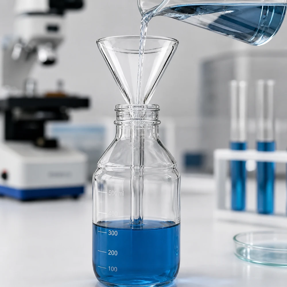 Funil ø30mm cal sodada, ângulo 60°, estilo curto Funil de laboratório compacto em vidro de cal sodada com abertura de 30 mm para uma dosagem eficaz de líquidos