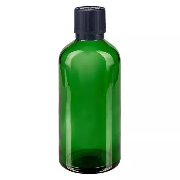 Frasco de farmácia verde 100ml conta-gotas tampa premium 1mm preta resistente a crianças fecho inviolável Frasco de farmácia verde 100ml conta-gotas tampa premium 1mm preta resistente a crianças fecho inviolável