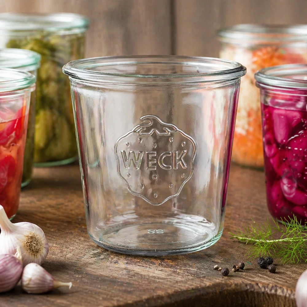 Frasco de vidro de 580 ml WECK RR100 vazio com logótipo sobre uma mesa de madeira ao lado de frascos de conserva coloridos com legumes e alho