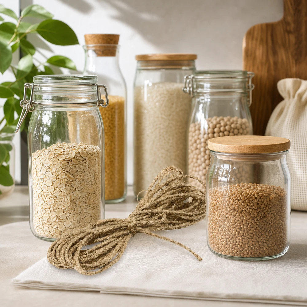 Cordão natural para decoração, com 300 cm de comprimento Cordão de juta natural de 300 cm entre frascos de arrumação decorados com cereais e leguminosas na bancada da cozinha