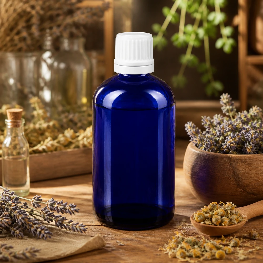 Frasco conta-gotas de 100 ml em vidro de farmácia azul cobalto com tampa OV branca, entre flores de lavanda e de camomila