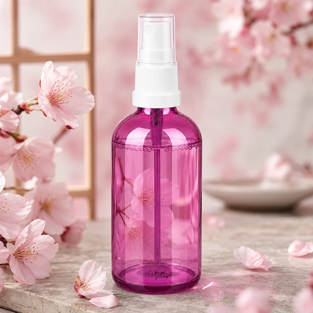 Pequeno frasco pulverizador de 100 ml em roxo transparente, ideal para viajar e estar em movimento