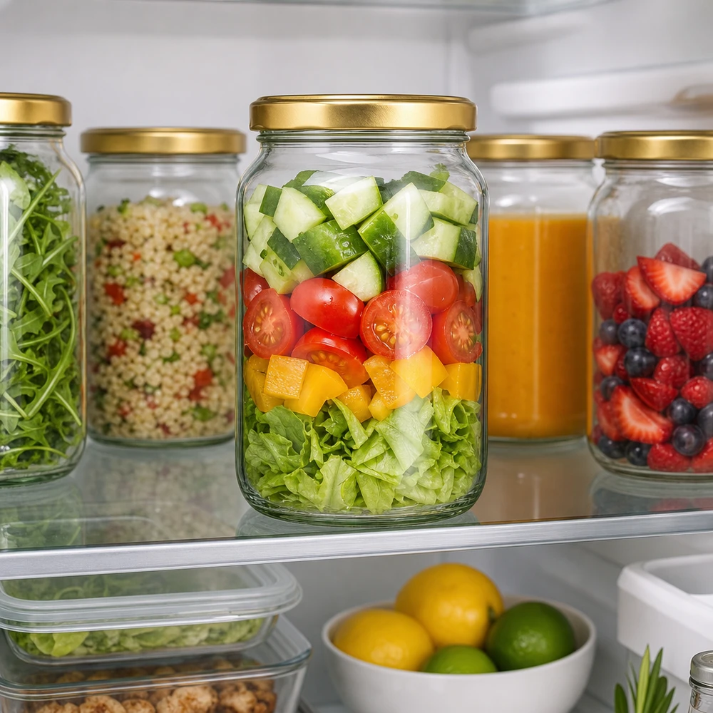 O frasco redondo de 1700 ml com tampa dourada BasicSeal no frigorífico mostra a Preparação de refeições com salada e armazenamento saudável