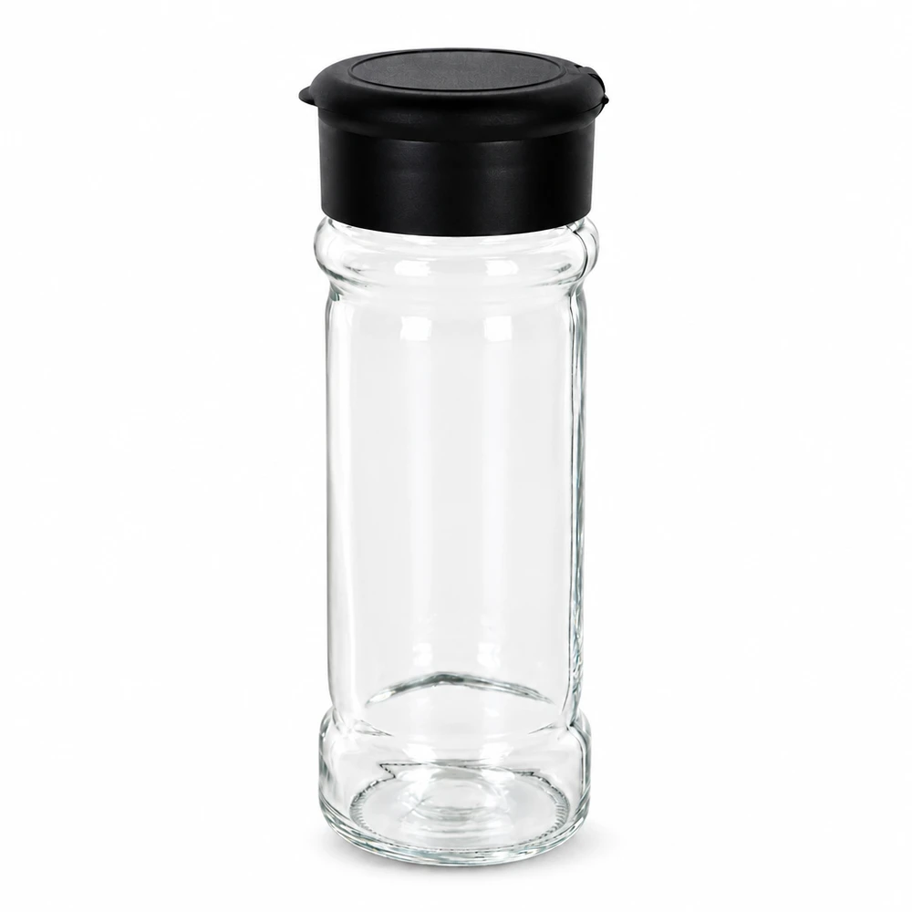 Recipiente cilíndrico para especiarias em vidro transparente, com 100 ml, com tampa de plástico preta com difusor na parte superior