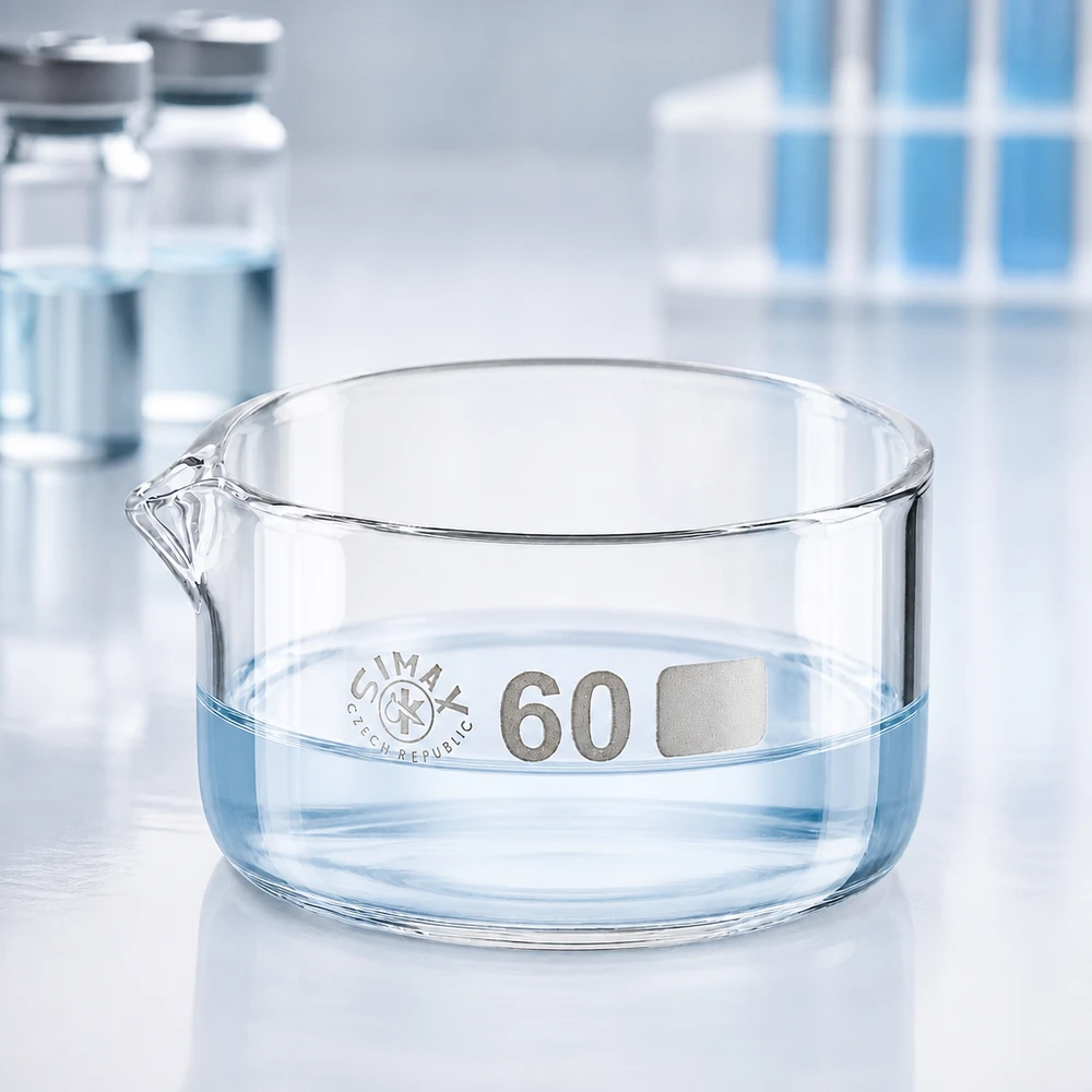Taça de cristalização de 60 ml Simax, taça de vidro plana, bico de vertimento, marcação no fundo, de laboratório, cilíndrica, transparente