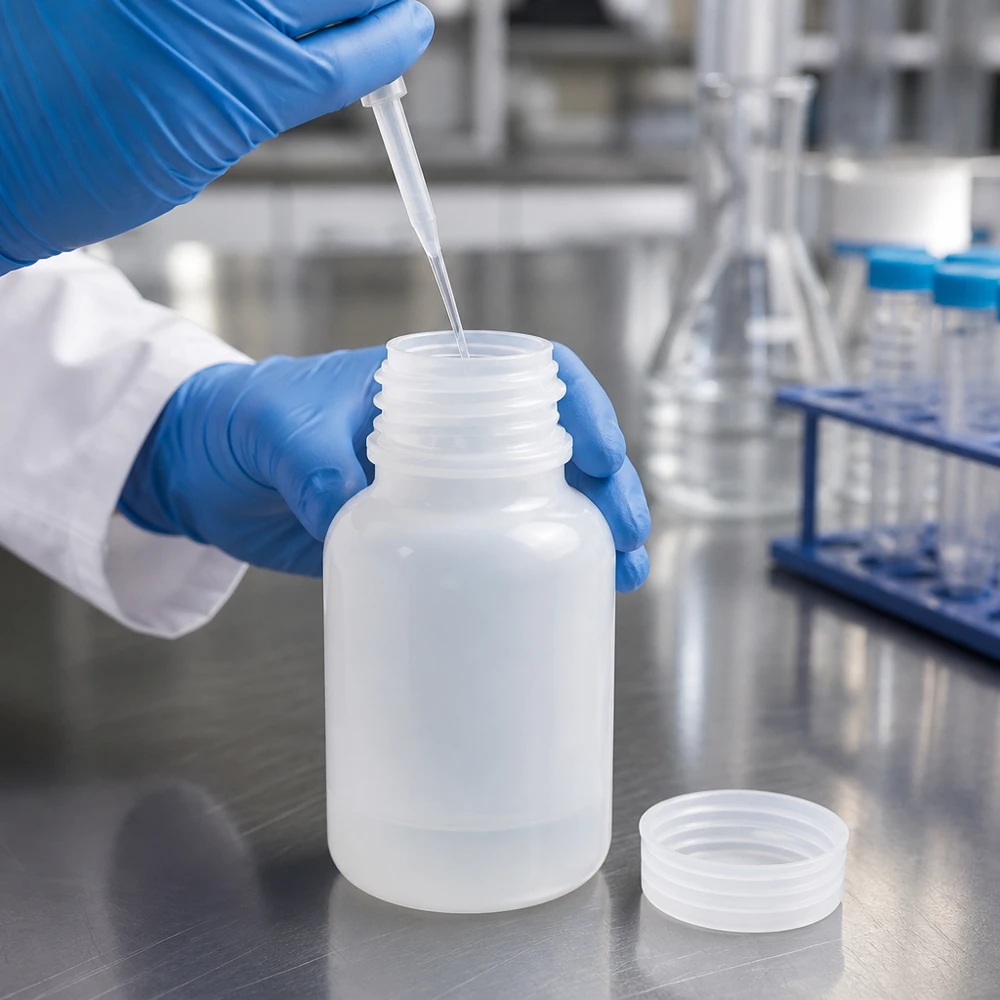 Um técnico de laboratório enche um frasco de plástico de gargalo largo com 100 ml com uma pipeta num laboratório profissional