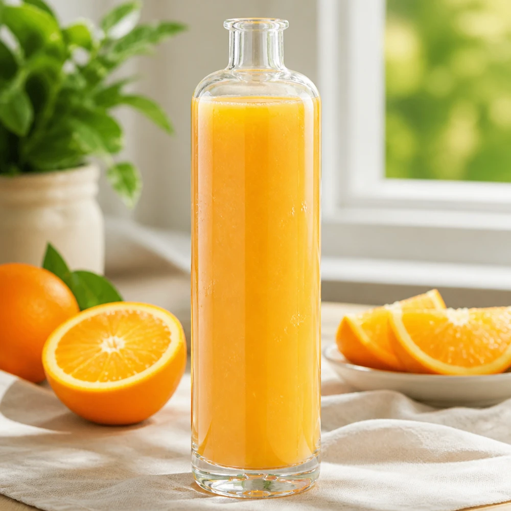 Garrafa de vidro de 700 ml de Ella cheia de sumo de laranja fresco junto a fatias de laranja numa mesa de cozinha de cor clara com decoração de plantas
