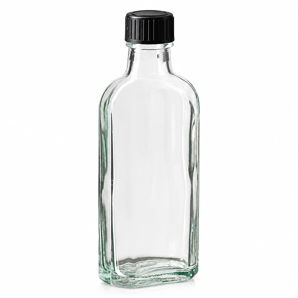 Frasco Meplat de 100 ml, de vidro transparente, com tampa de rosca preta e anel de vedação em EPE