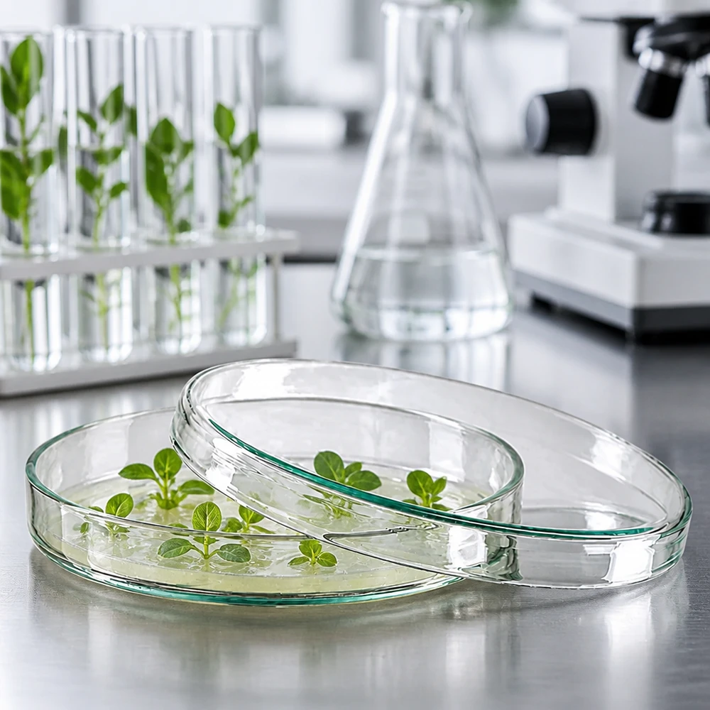 Placas de Petri de vidro de 100 x 15 mm com plântulas verdes num meio de cultura amarelado, no laboratório