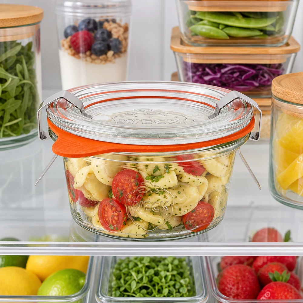 Copos de vidro de 50ml completos WECK RR60 Copos de 50 ml WECK RR60 no frigorífico, cheios de salada de massa, entre outros recipientes para guardar alimentos