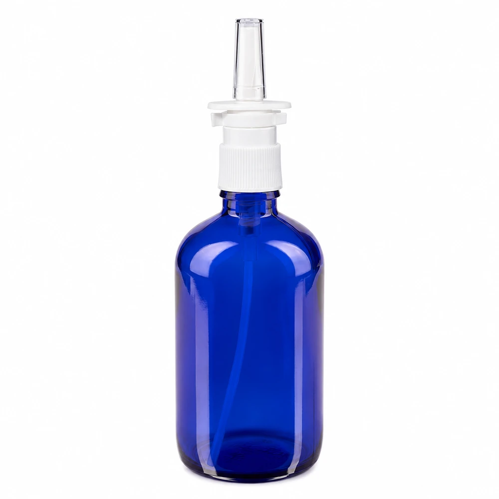 Frasco de farmácia azul 100ml atomizador nasal branco standard Frasco azul de 100 ml para spray nasal, em vidro de farmácia, com bocal branco e bico transparente