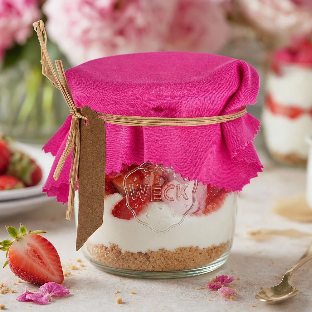 Guardanapo de tecido cor-de-rosa com 12 cm de lado, decoração DIY para frasco de conserva com sobremesa de morango e instruções de utilização