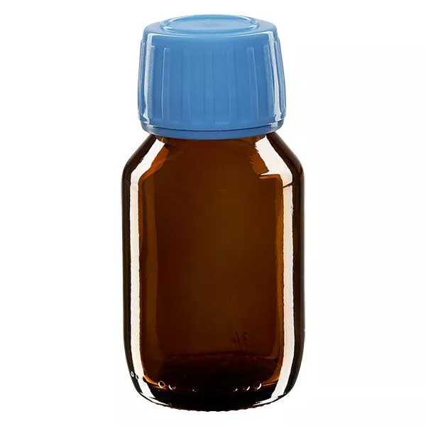 Frasco de remédio de 50ml marrom, tampa azul com anel inviolável ApoGlas Frasco de remédio de 50ml marrom, tampa azul com anel inviolável ApoGlas